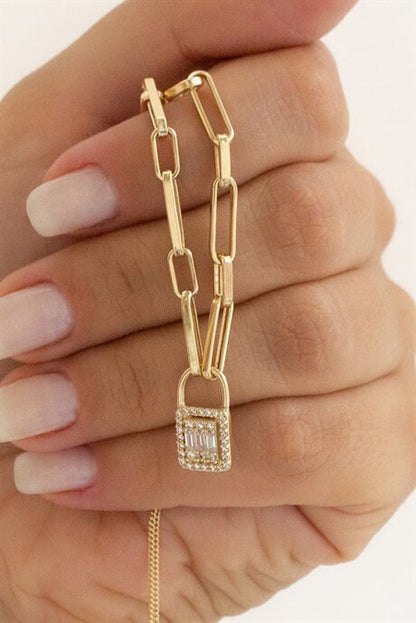 Solid Gold Baguette Gemstone Lock Necklace | 14K (585) | 4.53 gr