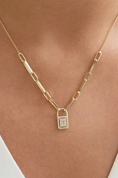 Solid Gold Baguette Gemstone Lock Necklace | 14K (585) | 4.53 gr