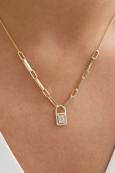 Solid Gold Baguette Gemstone Lock Necklace | 14K (585) | 4.53 gr