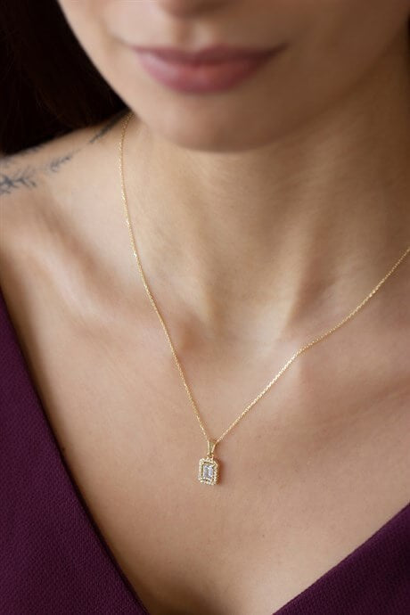 Solid Gold Baguette Gemstone Necklace | 8K (333) | 1.70 gr