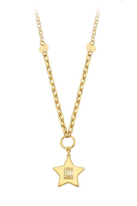 Solid Gold Baguette Gemstone Star Necklace | 14K (585) | 6.71 gr