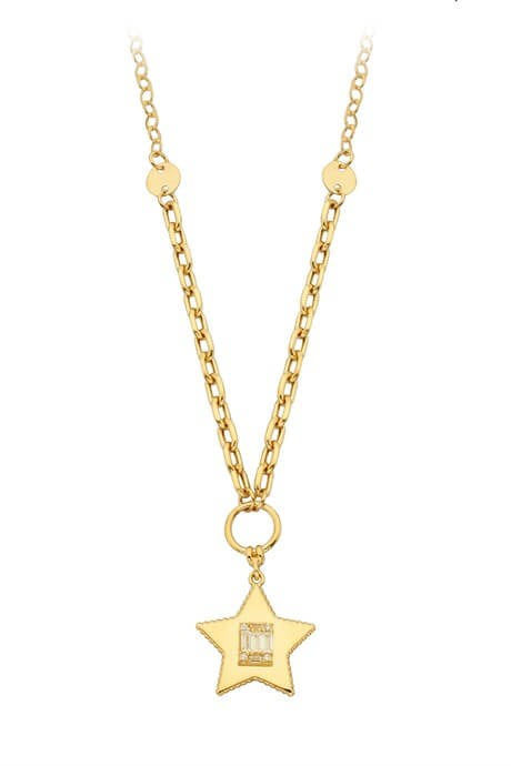 Collier étoile en or massif avec pierres précieuses baguette | 14K (585) | 6,71 grammes