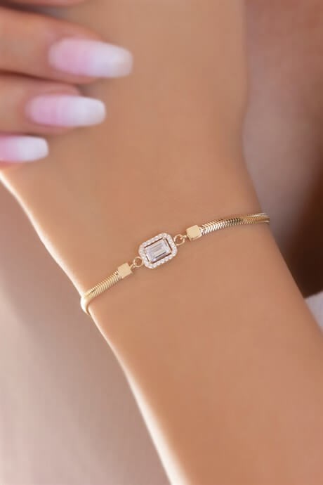 Solid Gold Herringbone Chain With Cord Baguette Gemstone Bracelet | 14K (585) | 3.93 gr