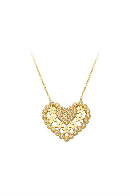 Solid Gold Flower Motif Heart Necklace | 14K (585) | 2.90 gr