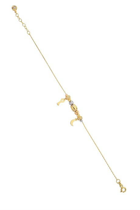 Solid Gold Dorica Beaded Key And Moon Bracelet | 14K (585) | 3.01 gr