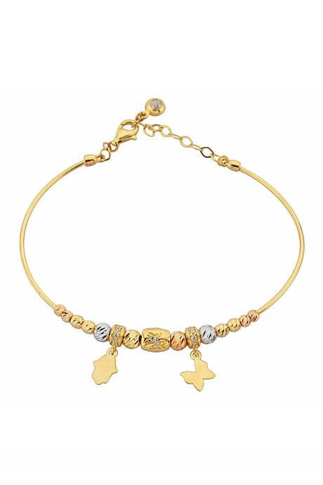 Pulsera de mariposa y mano de Fátima (Hamsa) con cuentas de Dorica en oro macizo | 14K (585) | 5,00 gramos