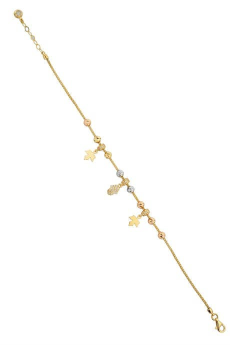 Main de Fatima (Hamsa) et feuille en perles Dorica en or massif | 14K (585) | 4,02 grammes