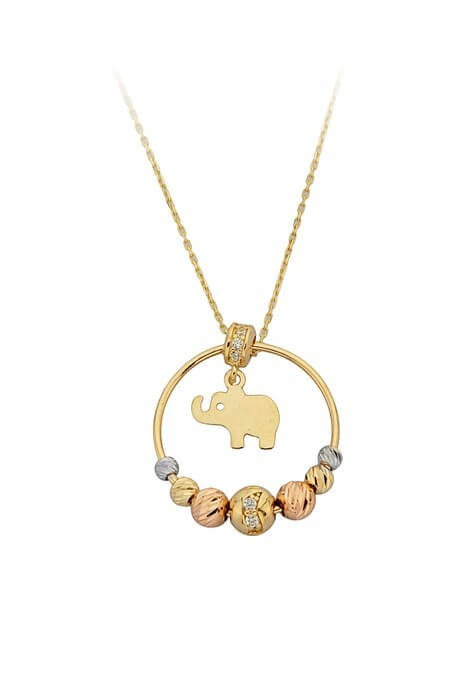 Solid Gold Dorica Beaded Circle Elephant Necklace | 14K (585) | 2.96 gr