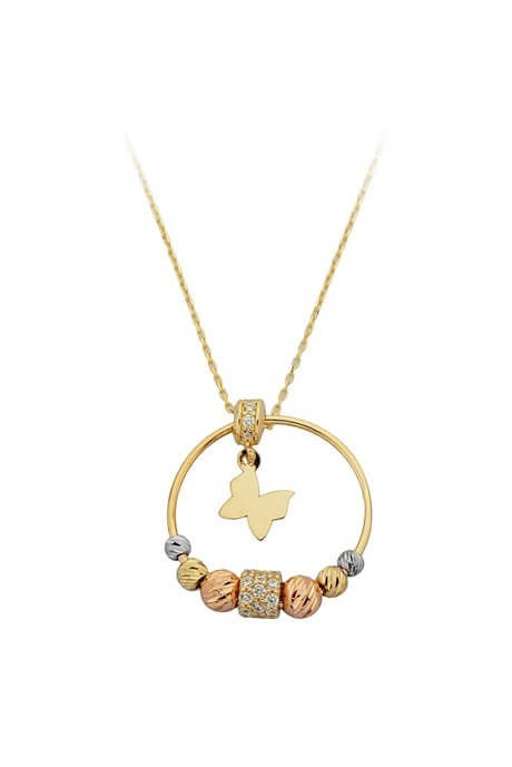 Solid Gold Dorica Beaded Circle Butterfly Necklace | 14K (585) | 2.48 gr