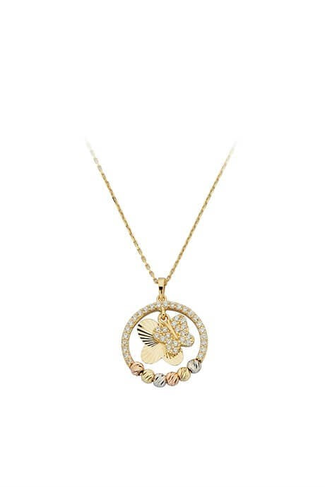 Solid Gold Dorica Beaded Circle Butterfly Necklace | 14K (585) | 2.32 gr