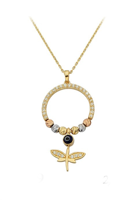 Solid Gold Dorica Beaded Circle Dragonfly Necklace | 14K (585) | 2.38 gr
