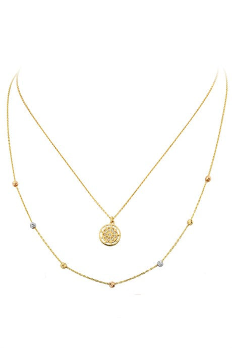 Solid Gold Dorica Beaded Double Flower Necklace | 14K (585) | 2.71 gr