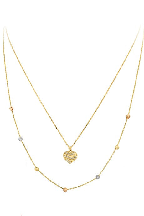 Collar de corazón doble con cuentas Dorica de oro macizo | 14K (585) | 2,71 gramos