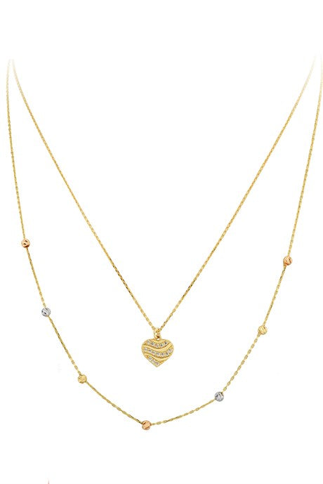 Solid Gold Dorica Beaded Double Heart Necklace | 14K (585) | 2.71 gr