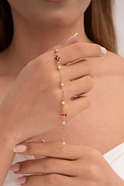 Solid Gold Dorica Beaded Enamel Ladybird And Cherry Baby & Children Bracelet