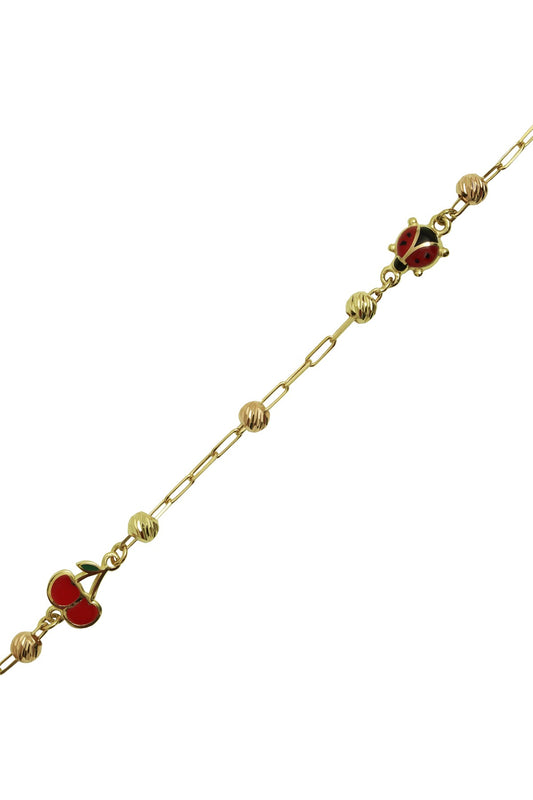 Bracelet pour bébé et enfant en or massif Dorica perlé en émail coccinelle et cerise | 14K (585) | 2,81 grammes