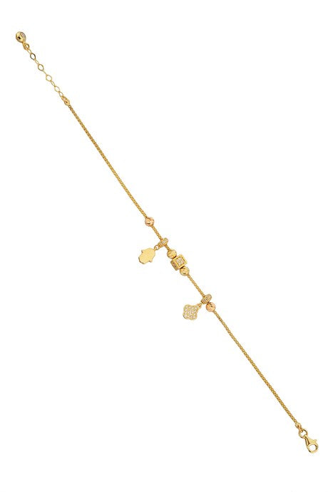 Solid Gold Dorica Beaded Dangle Hand of Fatima (Hamsa) And Clover Bracelet | 14K (585) | 4.26 gr