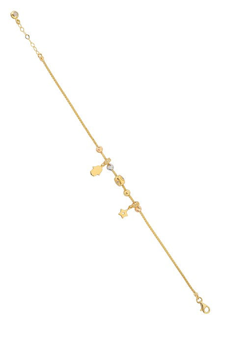 Solid Gold Dorica Beaded Dangle Hand of Fatima (Hamsa) And Star Bracelet | 14K (585) | 4.27 gr