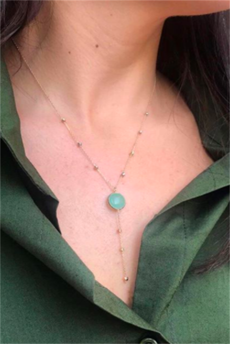 Solid Gold Dorica Beaded Green Gemstone Necklace | 14K (585) | 2.38 gr