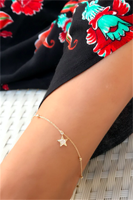 Solid Gold Dorica Beaded Star Anklet Bracelet | 14K (585) | 1.61 gr