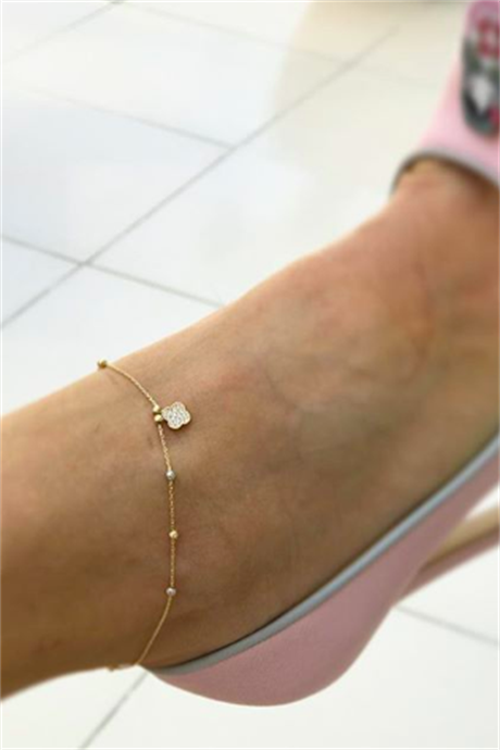 Solid Gold Dorica Beaded Clover Anklet Bracelet | 14K (585) | 1.34 gr