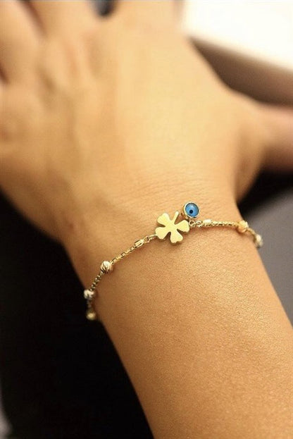 Solid Gold Dorica Beaded Clover Evil Eye Bracelet | 14K (585) | 4.07 gr