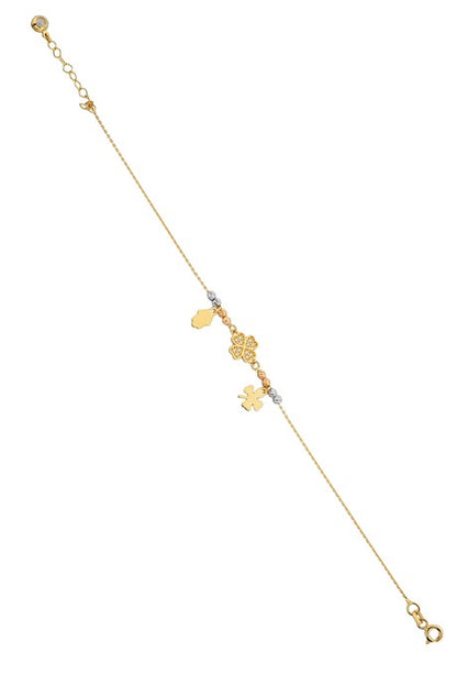 Bracelet en or massif avec trèfle perlé Dorica et main de Fatima (Hamsa) | 14K (585) | 2,29 grammes