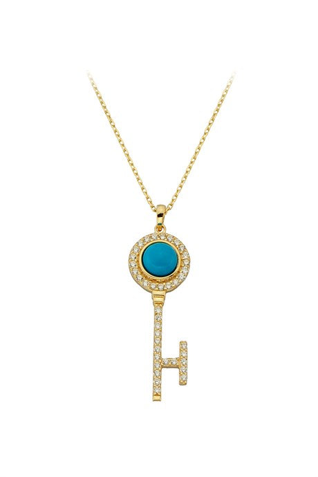 Solid Gold Turquoise Gemstone Key Necklace | 14K (585) | 2.22 gr