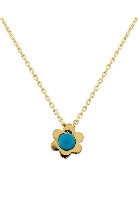 Solid Gold Turquoise Gemstone Flower Necklace | 14K (585) | 1.27 gr
