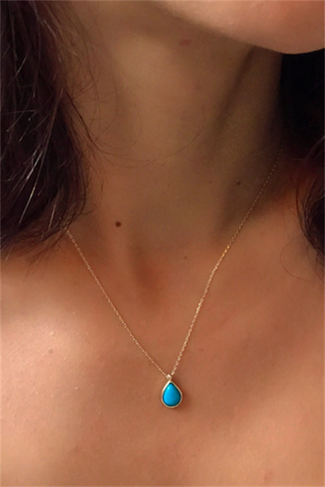 Solid Gold Turquoise Gemstone Drop Necklace | 14K (585) | 1.85 gr