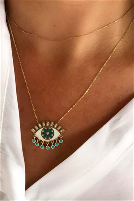 Solid Gold Turquoise Gemstone Eye Necklace | 14K (585) | 4.13 gr