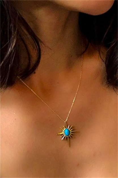 Collier soleil en or massif avec pierres précieuses turquoise | 14K (585) | 3,05 grammes