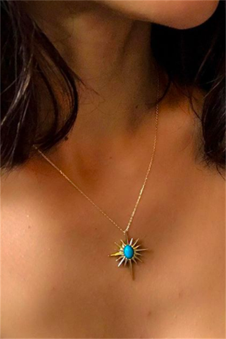 Solid Gold Turquoise Gemstone Sun Necklace | 14K (585) | 3.05 gr