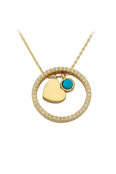 Solid Gold Turquoise Gemstone Circle Heart Necklace | 14K (585) | 3.16 gr