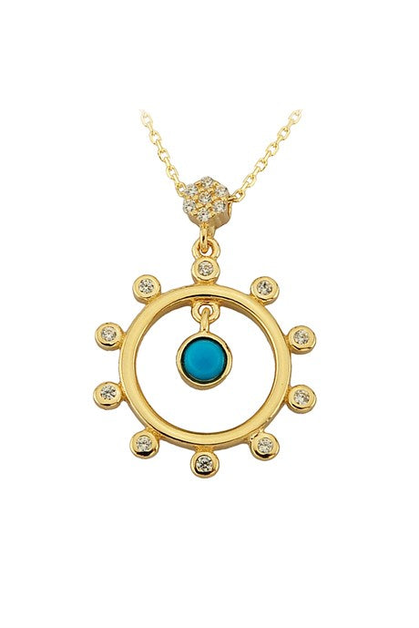 Solid Gold Turquoise Gemstone Circle Necklace | 14K (585) | 2.32 gr