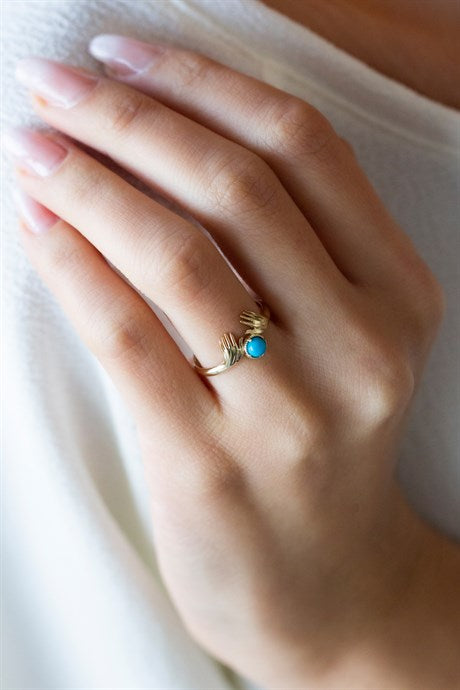 Anneau de mains étreignant de pierres précieuses turquoise en or massif | 14K (585) | 1,39 g