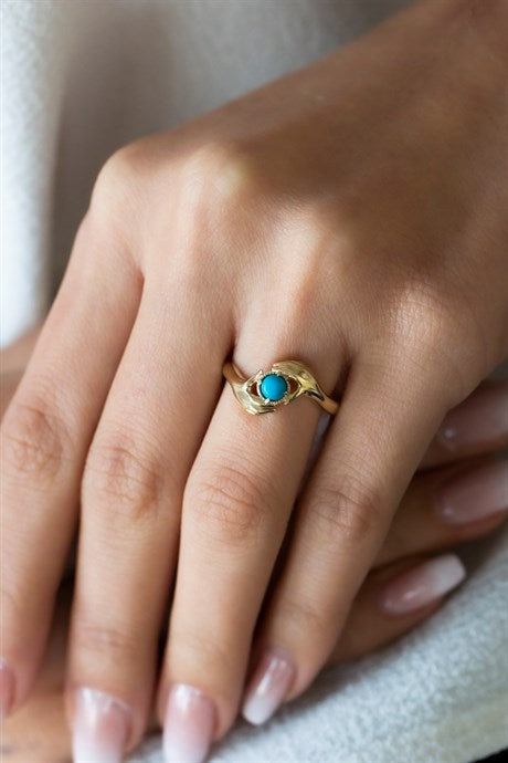 Solid Gold Turquoise Gemstone Hugging Hands Ring | 14K (585) | 2.17 gr