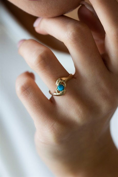 Solid Gold Turquoise Gemstone Hugging Hands Ring | 14K (585) | 2.17 gr