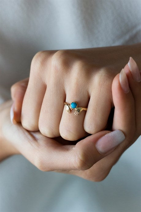 Solid Gold Turquoise Gemstone Hugging Hands Ring | 14K (585) | 1.39 gr