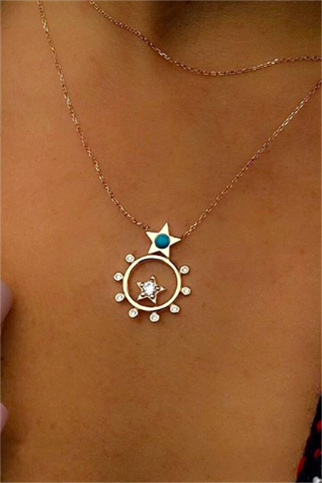 Solid Gold Turquoise Gemstone Star Necklace | 14K (585) | 2.72 gr