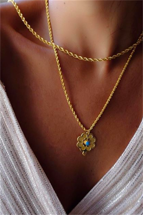 Solid Gold Turquoise Gemstone Clover Necklace | 14K (585) | 3.88 gr