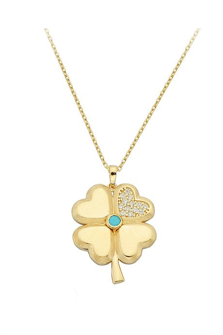 Collier de trèfle de pierres précieuses turquoise en or massif | 14K (585) | 2,81 grammes