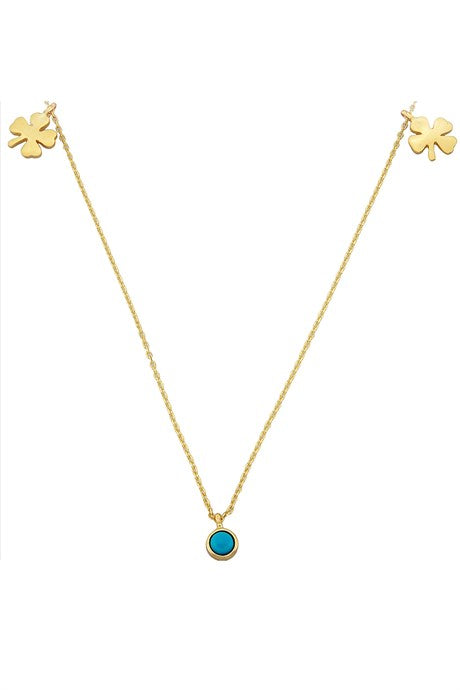 Solid Gold Turquoise Gemstone Clover Lucky Necklace | 14K (585) | 2.02 gr
