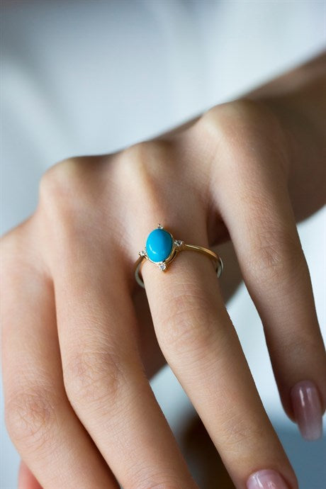 Bague en or massif avec pierres précieuses turquoise | 14K (585) | 1,64 g