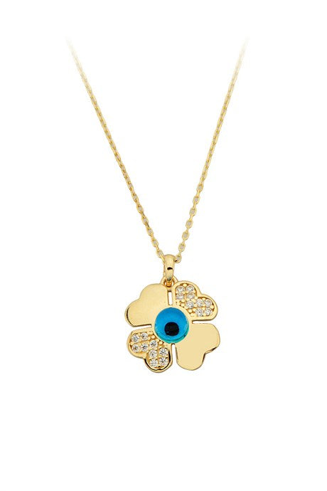 Solid Gold Eye Clover Necklace | 14K (585) | 2.20 gr