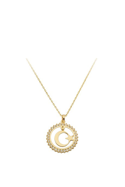 Collar de estrella de luna de círculo de oro macizo | 14K (585) | 1,96 gramos