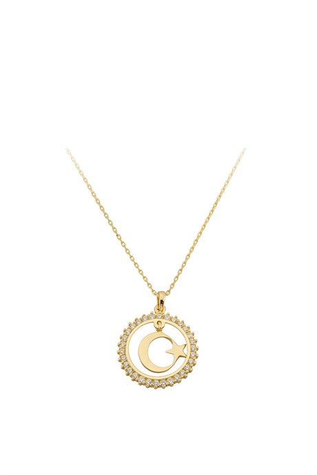 Collar de estrella de luna de círculo de oro macizo | 14K (585) | 1,96 gramos