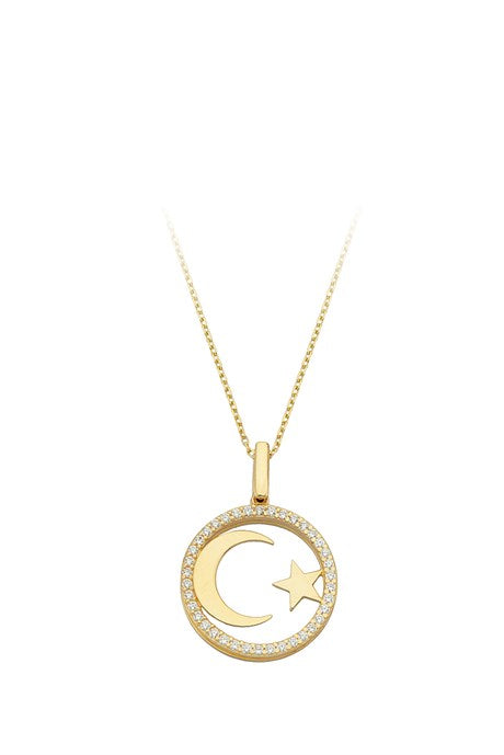 Collar de estrella de luna de círculo de oro macizo | 14K (585) | 3,11 gramos