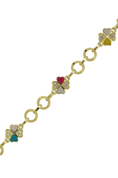 Bracelet en or massif avec chaîne et trèfle en émail pour bébé et enfant | 14K (585) | 3,47 grammes