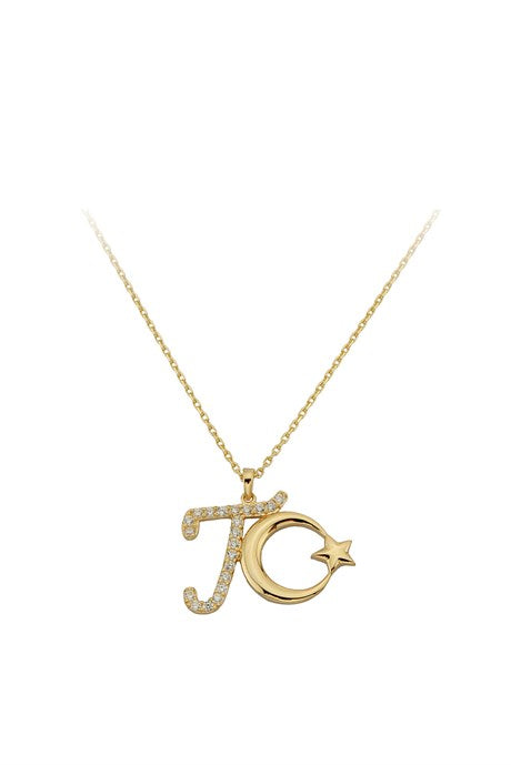 Solid Gold T Initial Moon Star Necklace | 14K (585) | 2.40 gr